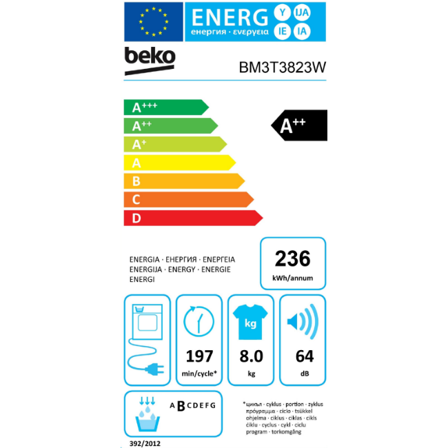 BEKO 8KG HEAT PUMP TUMBLE DRYER WHITE BM3T3823W